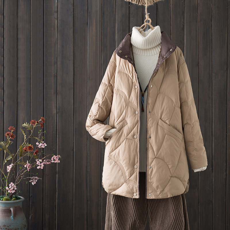 Cross-border Autumn and Winter Lightweight Down Jacket Women's Mid-length White Duck Down Fashion Western Style Retro Xiangyun Collar Coat Trendy