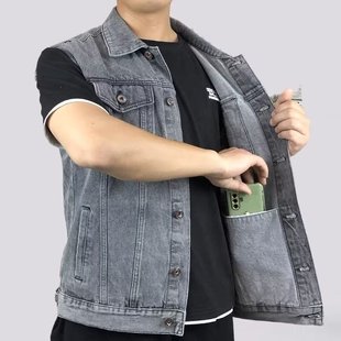 Denim Vest Men's Vest Sleeveless Waistcoat Spring and Autumn New Fashionable Solid Color Multi-Pocket Jacket