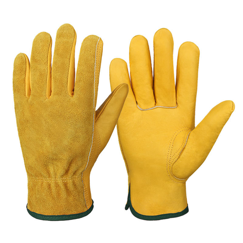 Guantes de jardinería Piel de vaca amarilla resistente a las puñaladas Guantes de trabajo de cuero para conductor de construcción de granja de patio resistente al desgaste