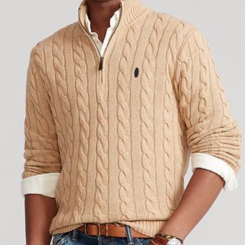 Cross-Border Autumn and Winter Hot-Selling Foreign Trade Men's Sweater with Pony Logo, Half-Zip, Thickened, Cable-Knit, Casual Wool Knitwear Cross-Border Autumn and Winter Hot-Selling Foreign Trade Men's Sweater with Pony Logo, Half-Zip, Thickened, Cable-Knit, Casual Wool Knitwear