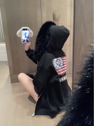 高版本 克罗星条旗印花图案做旧水洗拉链连帽卫衣女宽松休闲外套