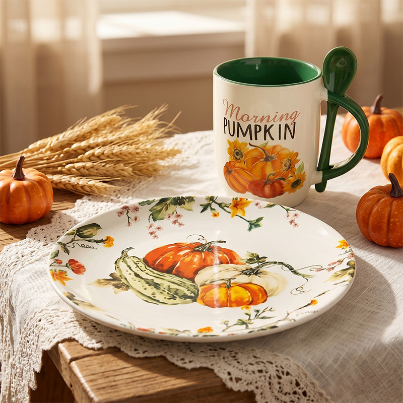 New Pastoral Style Ceramic Dinnerware Set Halloween Pumpkin Series High-Value Breakfast Plate Pasta Round Plate for Home Use New Pastoral Style Ceramic Dinnerware Set Halloween Pumpkin Series High-Value Breakfast Plate Pasta Round Plate for Home Use