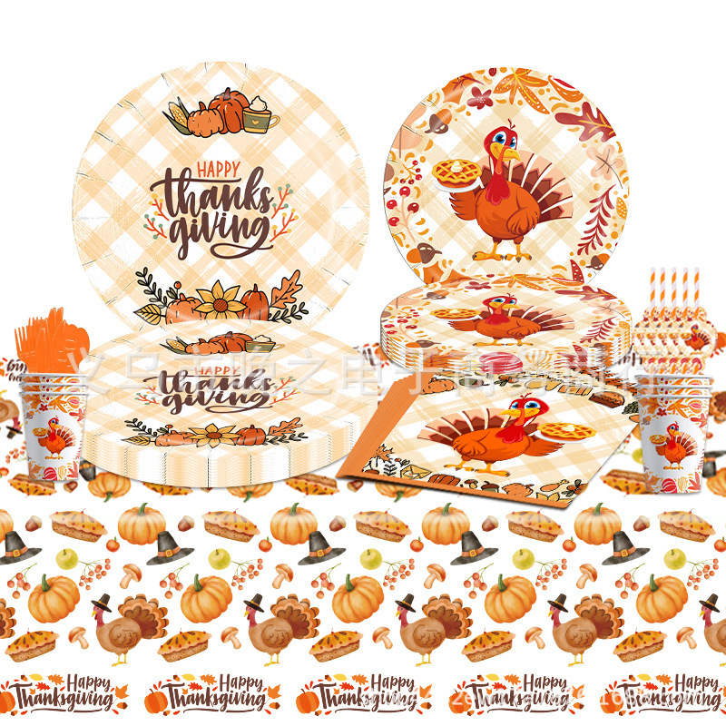 New Ready-Made Thanksgiving Harvest Festival Turkey Festival Party Tableware Set Paper Plate Cup Tissue Tablecloth Knife Fork Spoon New Ready-Made Thanksgiving Harvest Festival Turkey Festival Party Tableware Set Paper Plate Cup Tissue Tablecloth Knife Fork Spoon