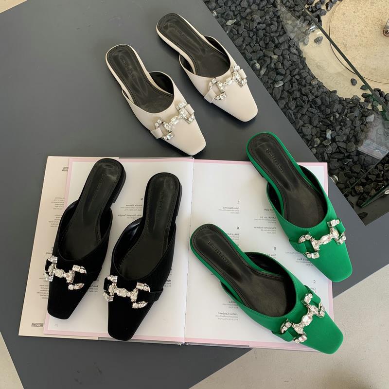 Slippers with rhinestones square toe flat