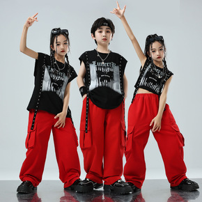 Boys Girls red hip hop street dance costume rapper singers gogo dancers  girls jazz dance runway hiphop hip-hop drum performance wear