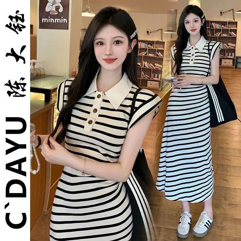 2024 New Fashion Striped Polo Collar dress Korean Casual Loose Slim Long T-Shirt Dress
