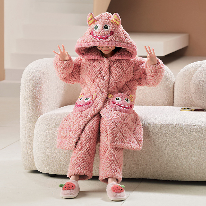 女童睡衣冬季三层夹棉套装中长款加绒加厚大童女孩儿童睡衣家居服