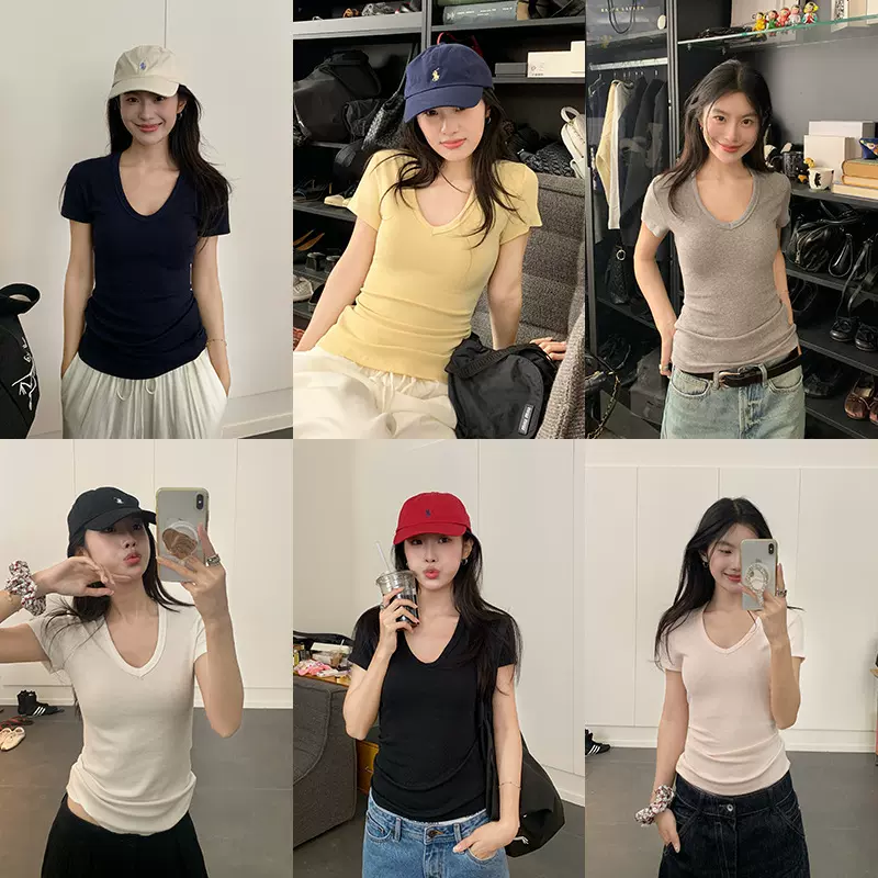 楠涛天丝莱赛尔复古V领短袖T恤女夏季新款辣妹设计感修身显瘦上衣