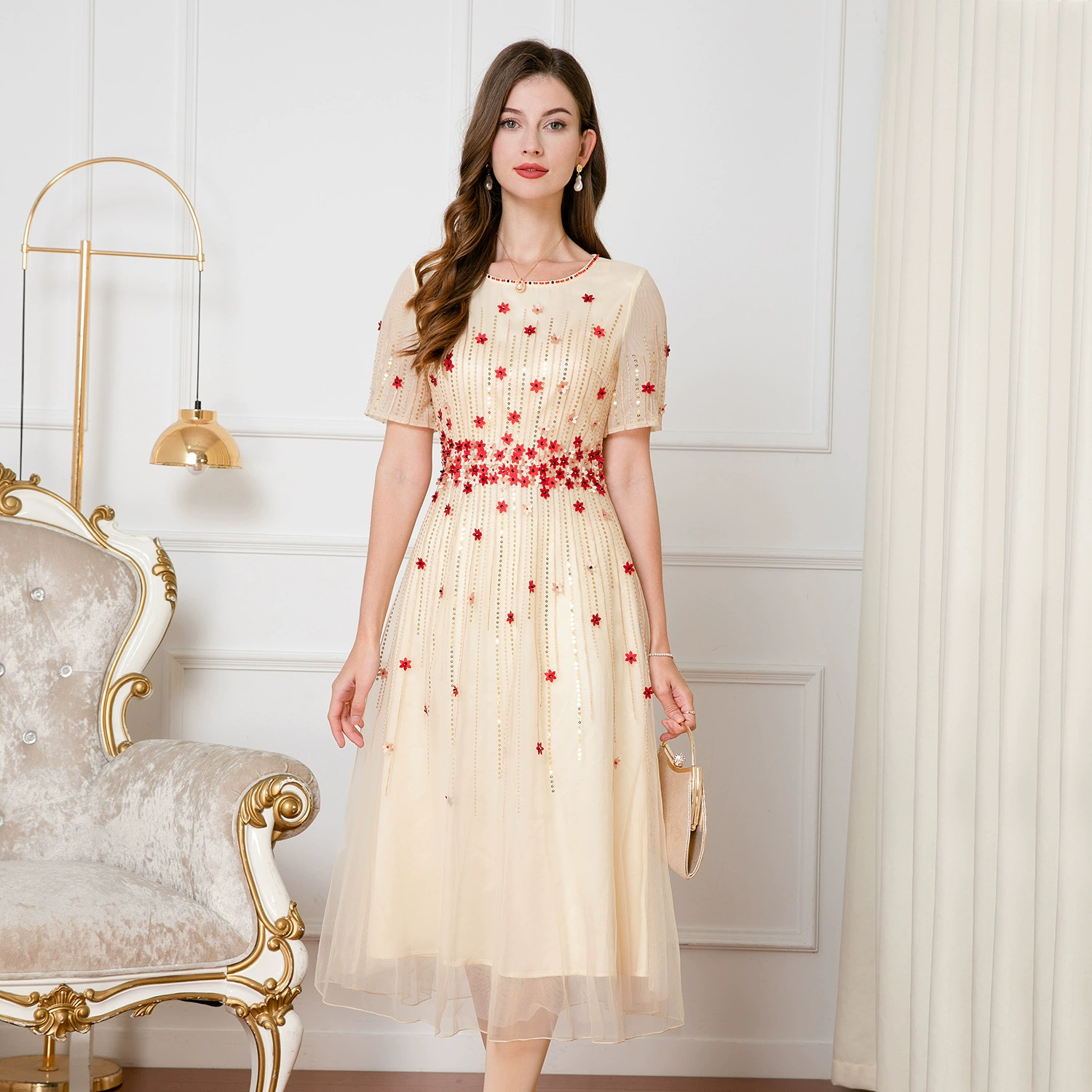 Платье-комбинация для женщин среднего возраста от шэньчжэйского бренда, летнее, с коротким рукавом, для торжеств, с вышивкой из сетки, одежда для мам.