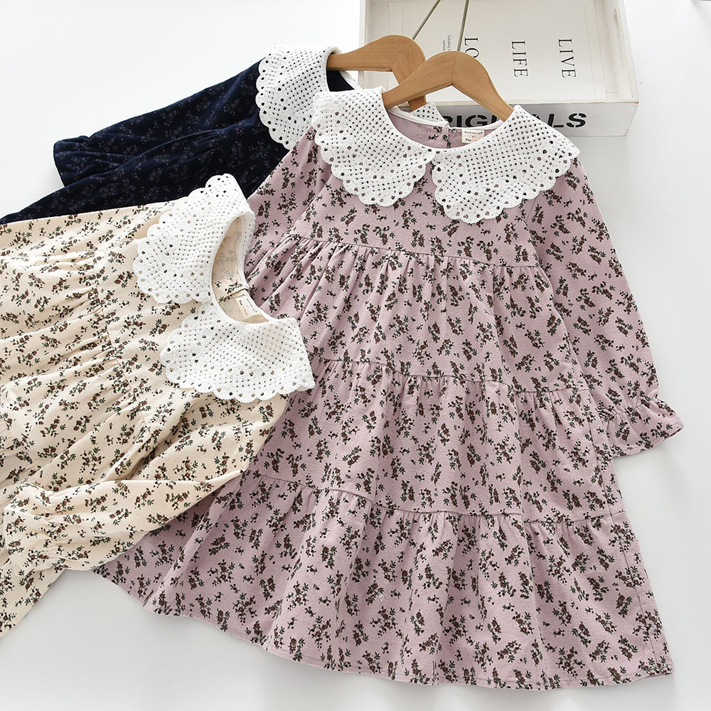 2025 New Autum Style Flower Embroidered Cut Out Lace Large Lapel Girls Long-Sleeved Dress Princess Dress Q2569