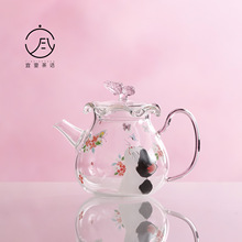 宜室茶话繁花猫咪耐热玻璃茶壶精致蝴蝶侧把泡茶壶家用温茶炉茶壶