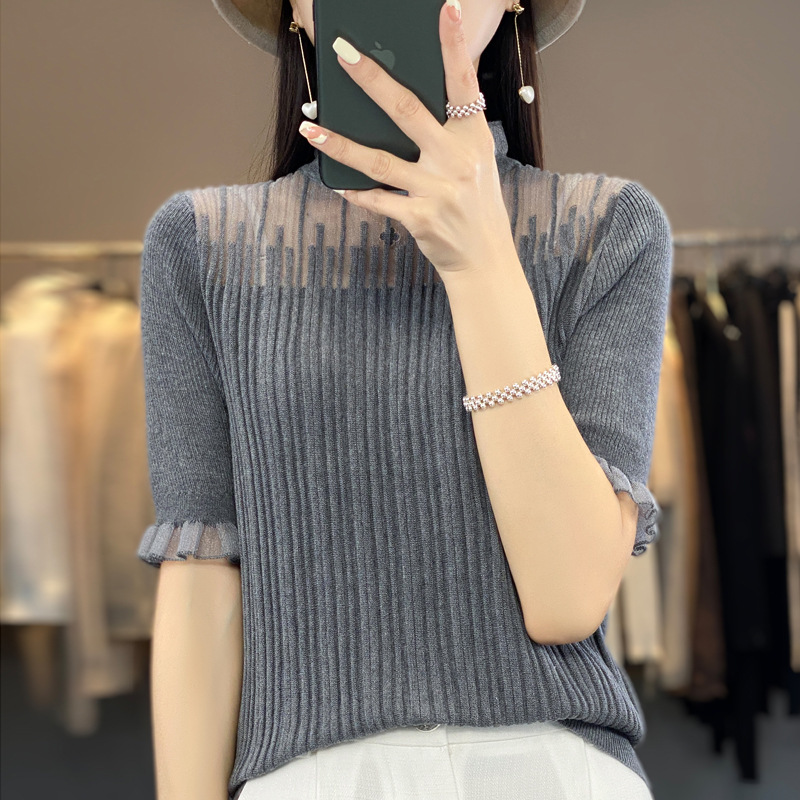Summer Wool Short-sleeved T-shirt Women's Half-high Neck Lace Ear Hollow Half-sleeved Knitted Base Thin Top Summer Wool Short-sleeved T-shirt Women's Half-high Neck Lace Ear Hollow Half-sleeved Knitted Base Thin Top