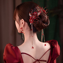新款复古秀禾头饰发夹耳环套装中式婚礼影楼摄影花朵发饰长流苏