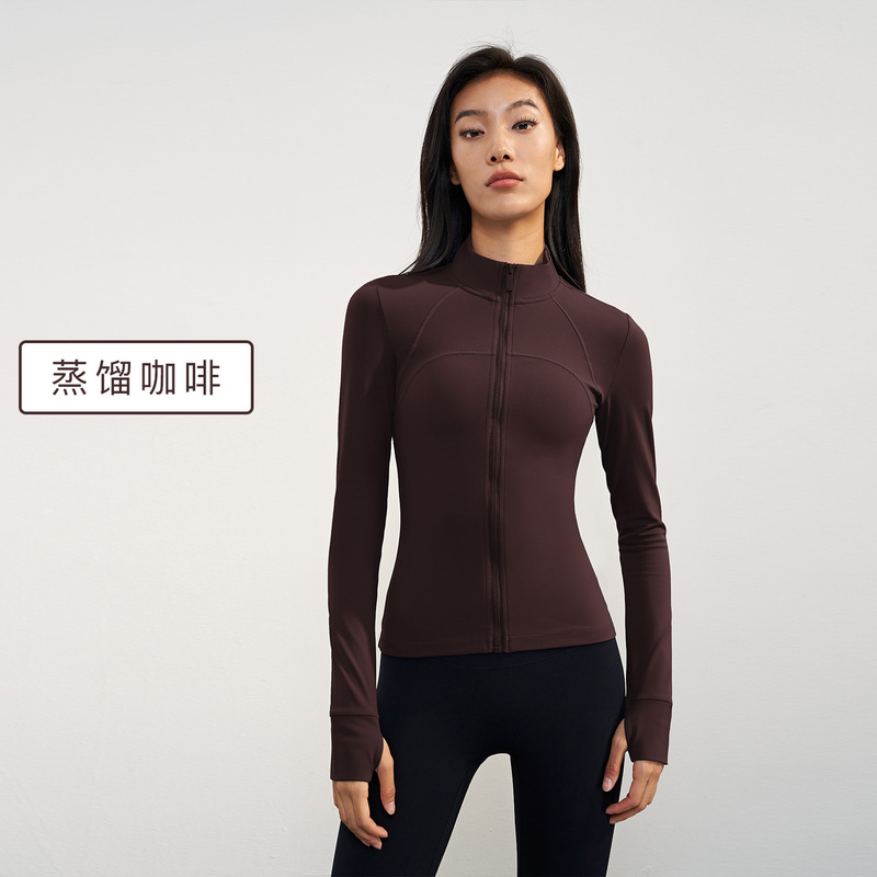 環攀秋冬薄手フリースヨガジャケット レディース 滑り止めジッパー付きスタンドカラー タイトフィットフィットネスシャツ 指サック付きスポーツ長袖|undefined