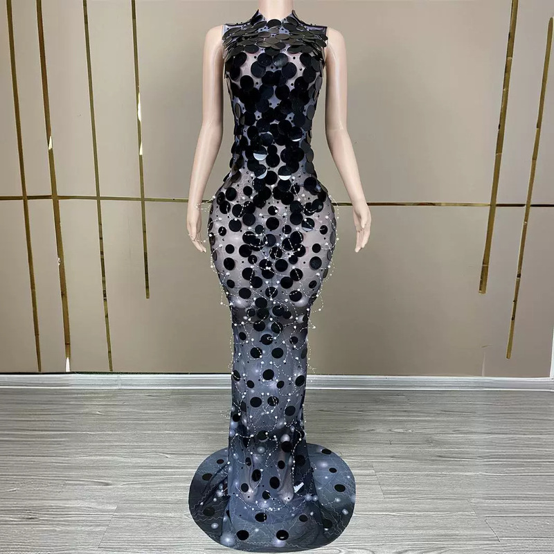Black Red Large Round Sequin Long Dress Sexy Sequin Star Long Dress Host Evening Party Stage Black Red Large Round Sequin Long Dress Sexy Sequin Star Long Dress Host Evening Party Stage