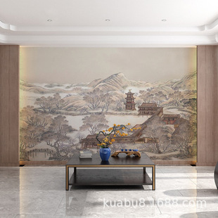 New Chinese Restaurant Classical Landscape Pavilion Building Wall Cloth Light Luxury Living Room Sofa Mural TV Background Wall Cloth