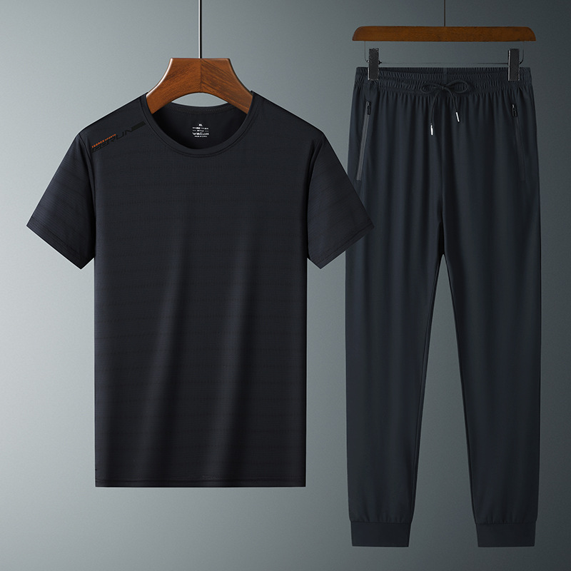 Moda pantalones de seda de hielo cuello redondo Camiseta de dos piezas para hombres talla grande suelta de secado rápido traje deportivo LOGO se puede formular