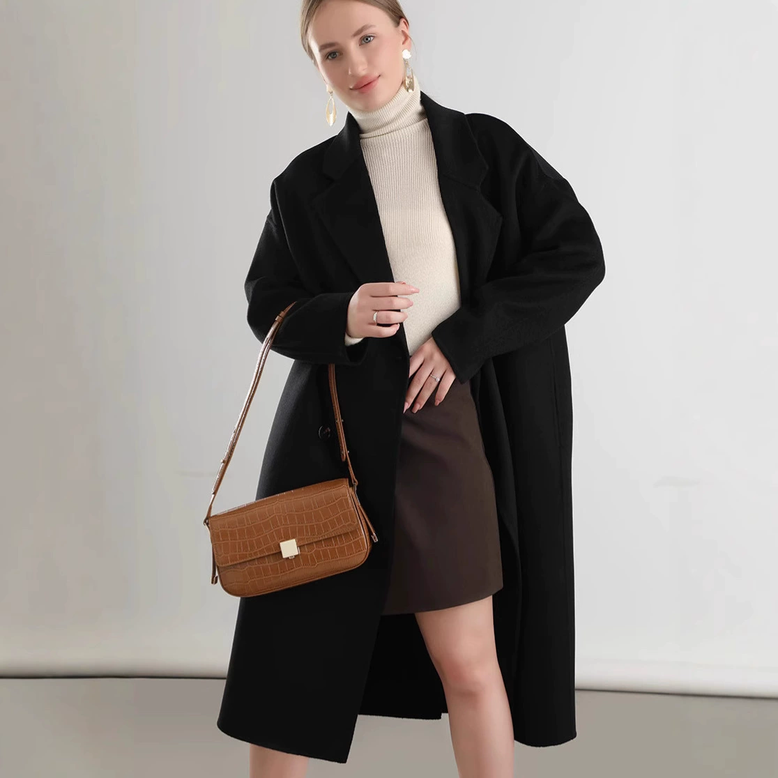 2024 Новый костюм воротник двубортный шерстяной шатер для женщин свободная средняя длинная двухсторонняя шерстяное пальто