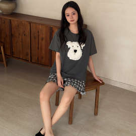 夏天睡衣女款纯棉短袖带胸垫家居服薄款夏季纯棉可外穿格子裤套装