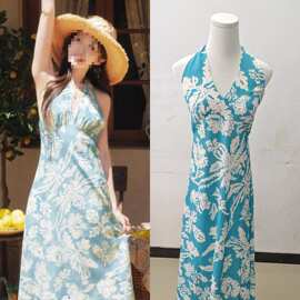 长期现货2026夏杨凯雯同款绿色v领印花挂脖连衣裙女露背气质长裙
