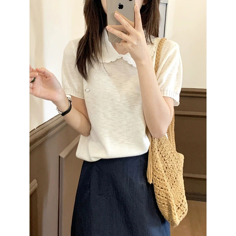小さな新鮮な韓国人形襟半袖 Tシャツ女性のための 2025 夏の新しい甘い年齢を減らす気質ニットセータートップ|undefined