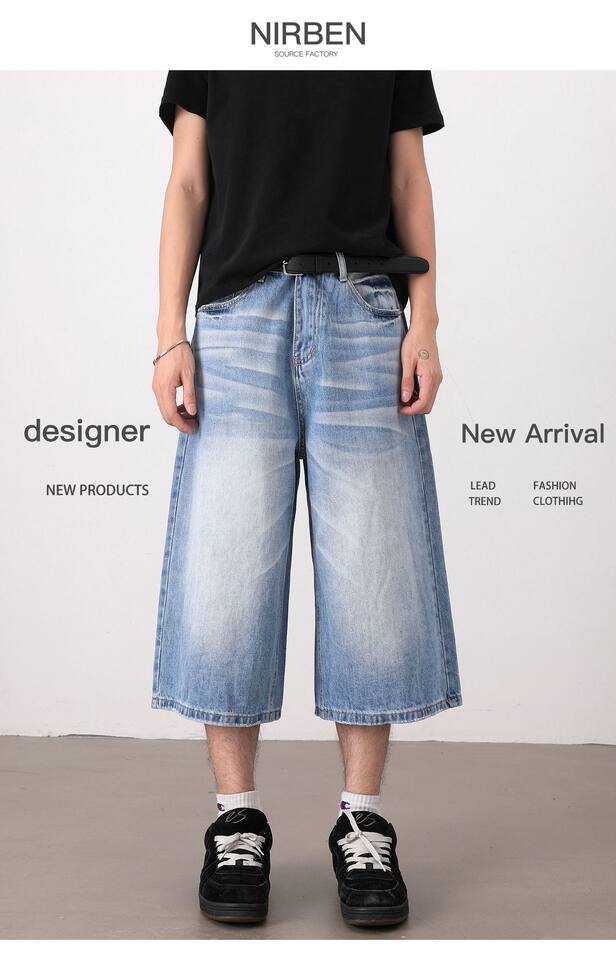 Quần short jeans nam ống rộng dáng lửng phong cách retro giặt mài — Màu xanh dương, Xanh nhạt chi tiết 3