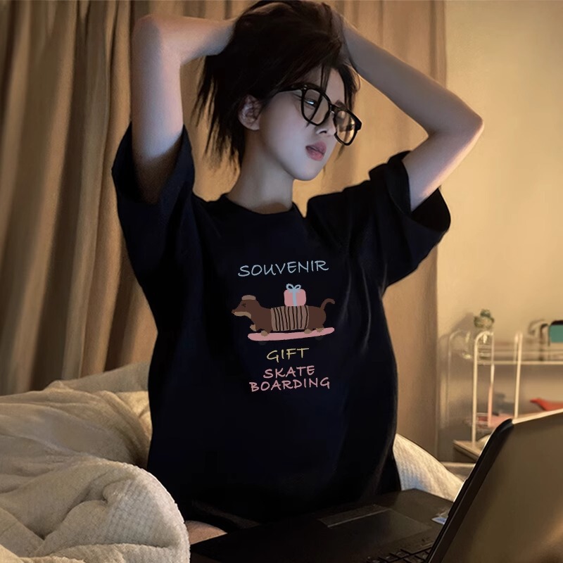 Short-Sleeved Women's T-Shirt Summer 2026 New Popular Design Niche Half-Sleeve Drop Shoulder Cotton Black Top Trendy T-Shirt Short-Sleeved Women's T-Shirt Summer 2026 New Popular Design Niche Half-Sleeve Drop Shoulder Cotton Black Top Trendy T-Shirt