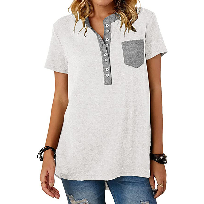 Solid Color V-Neck Stitching Pocket Short-Sleeved T-Shirt NSLZ104458