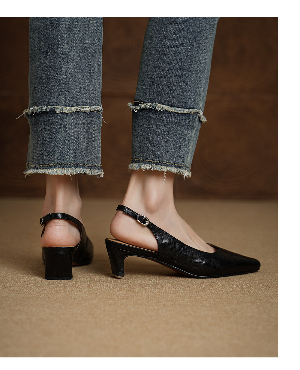 Sandal nữ da dê gót vuông 4.5 cm mũi kín hở gót phong cách Hàn Quốc — đen chi tiết 11
