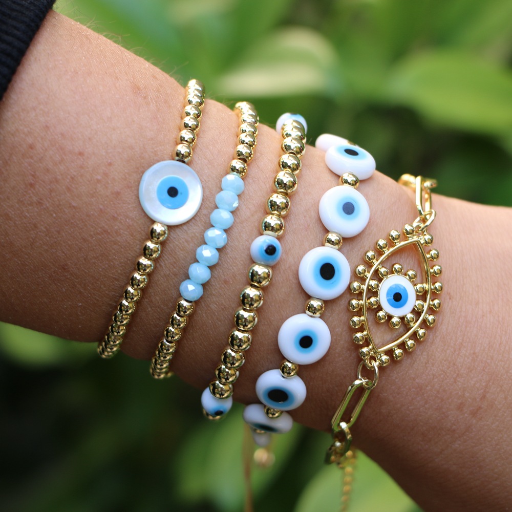 Simple Ethnic Colored Glaze Evil Eye Color Gold Bead Multi-layered Bracelet display picture 1