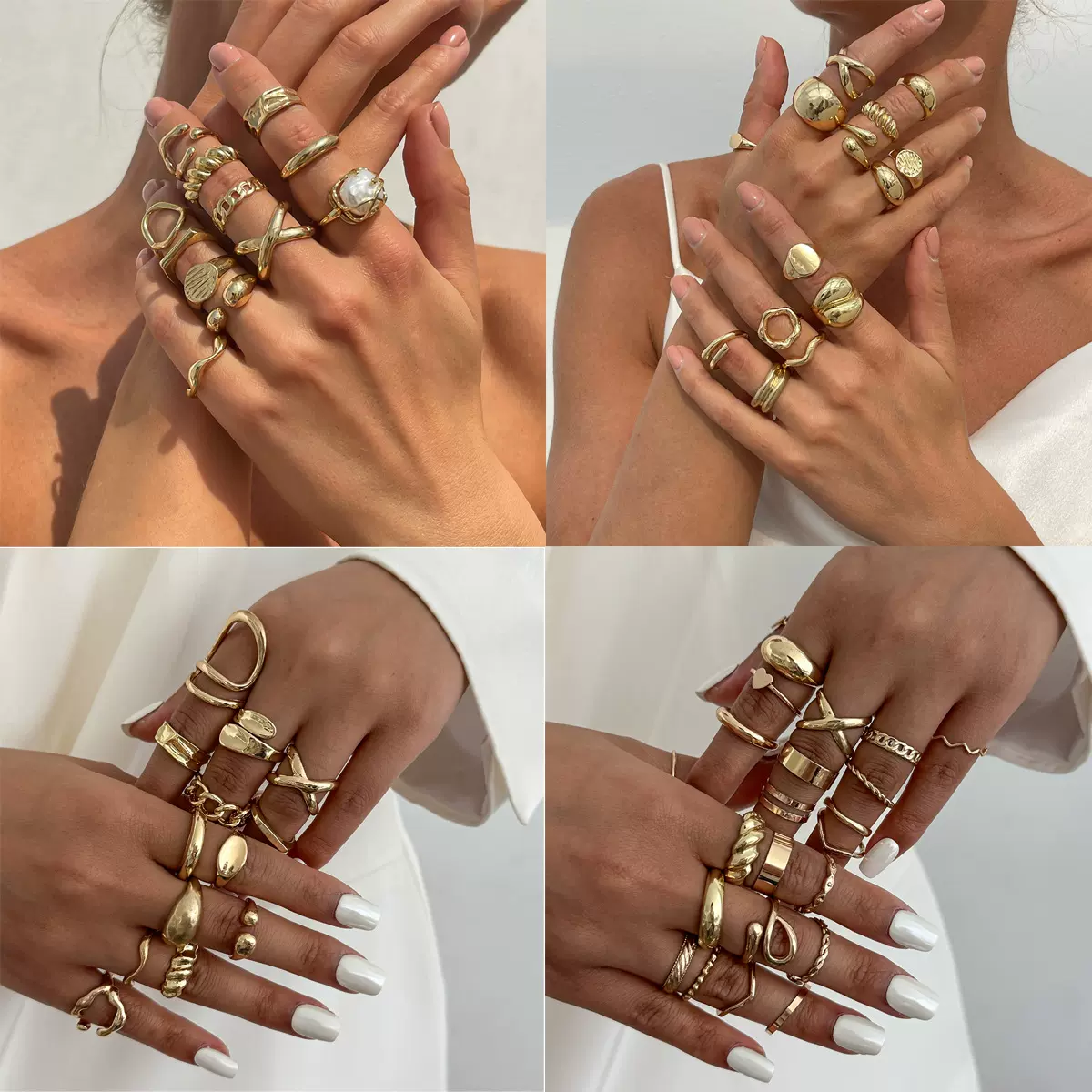 欧美跨境饰品 ins风合金开口麻花指环戒 珍珠镂空不规则戒指套装