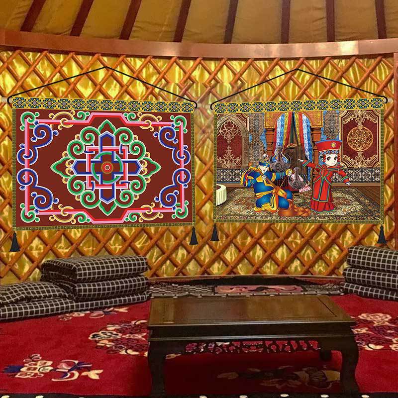 民宿客栈蒙古族人物花纹布艺装饰画客房内饰挂画挂布软装装饰布