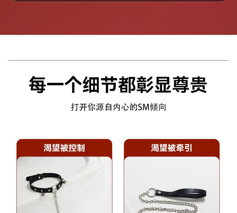 Qingge SM Collar with Traction Chain, Metal & Leather, Black Adult Bondage Set — detail image 17
