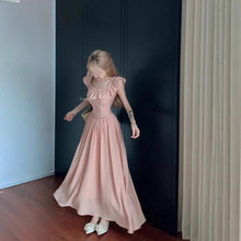 夏季新款时尚蜜桃奶冻超仙法式荷叶边方领连衣裙收腰显瘦长裙女装