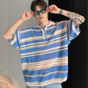 American Style Retro Striped Hollow Color Knitted Polo Shirt Loose Spring and Summer New Lapel Casual Short-sleeved T-shirt