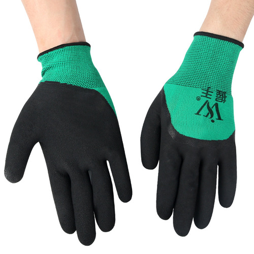 Wear-resistant foam gloves wholesale manufacturer anti-slip green rubberized labor protection gloves nylon latex coating work protection