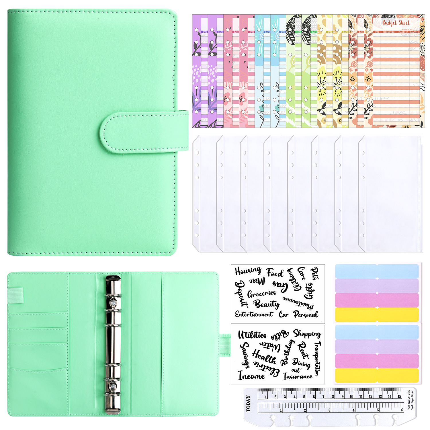 Presupuesto transfronterizo Cash Clip de hojas sueltas Bolsa con cremallera Sobres Libro de cuentas A6 Macarons PU Cuaderno de hojas sueltas de cuero