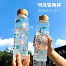 高硼硅玻璃瓶刻度果汁水杯冷泡瓶冷萃带盖吸管杯遇冷变色玻璃杯