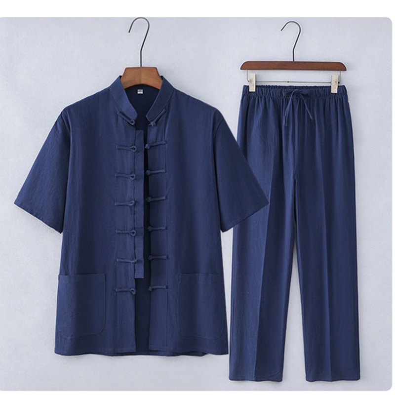 Traje Tang de estilo chino Traje de manga corta de algodón y lino para hombres de mediana edad y ancianos Traje Hanfu casual para hombres retro Traje delgado de verano