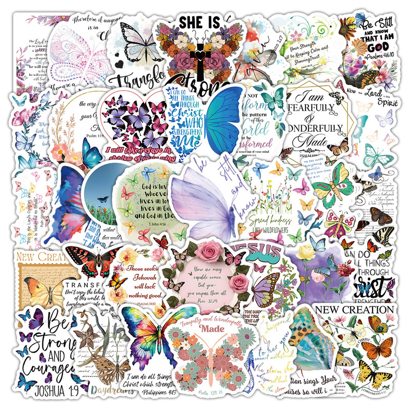 50 Cross-border Butterfly Bible Aesthetic Stickers Inspirational Chinese Luggage Case Water Cup Waterproof Decorative Stickers