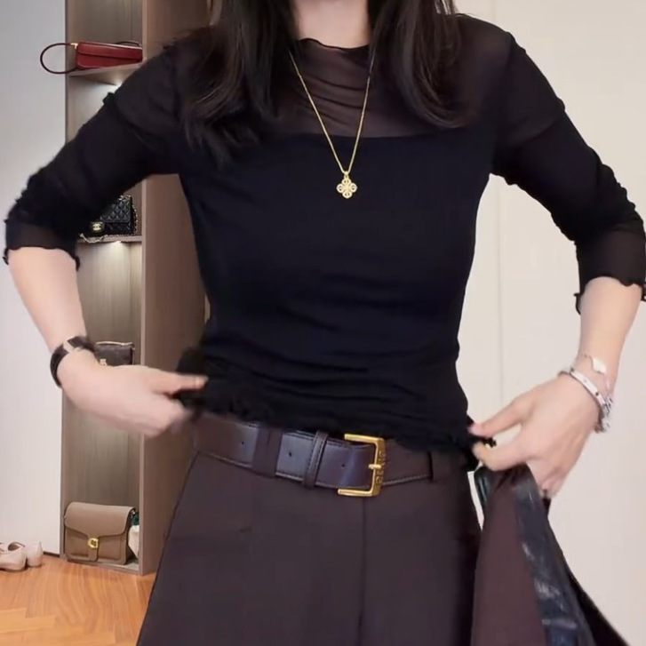 秋季新款网纱打底衫女内搭时尚气质长袖t恤圆领拼接修身薄款上衣