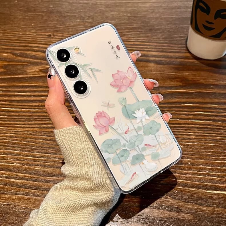 Suitable for Samsung A57 Mobile Phone Case, Chinese Style Good Luck Lotus, Galaxy S26 Transparent 25Ultra Summer S24 Soft Case
