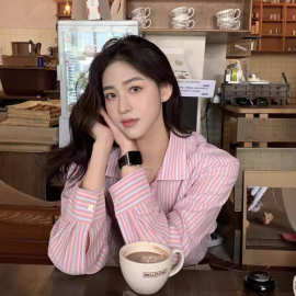 韩系设计感小众粉色条纹衬衫女2026春季法式长袖衬衣别致气质上衣