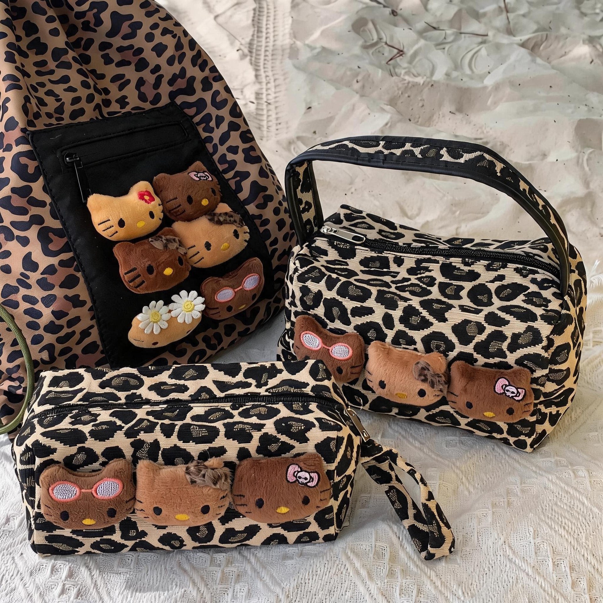High-Appearance Value Hot-Selling Leopard Print Black Leather Kt Cat Large-Capacity Handbag Travel Toiletry Storage Bag Carry-On Bag