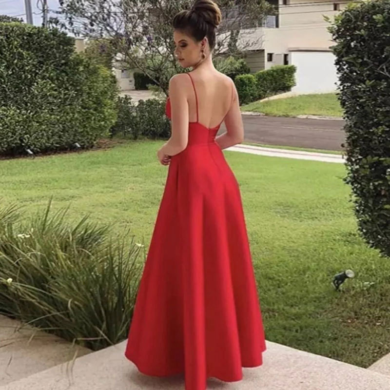 Comercio exterior europeo y americano Amazon AliExpress deseo de las mujeres vestido de noche con cuello en V Vestido de satén largo simple