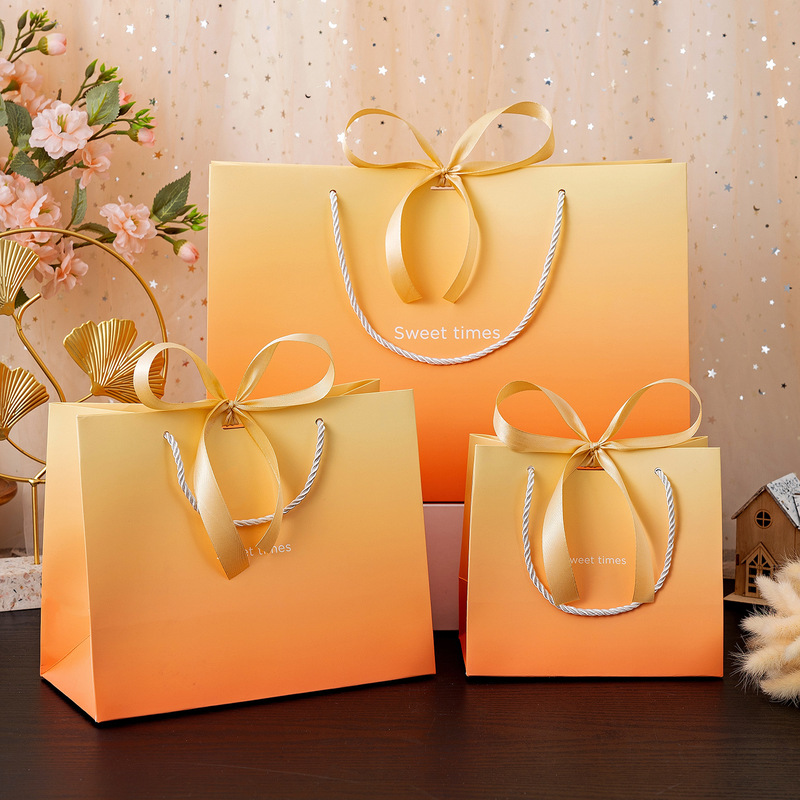 Ins Style Orange Gradient Handbag with Bow Decoration Gift Bag Paper Creative and Beautiful Gift Packaging Bag