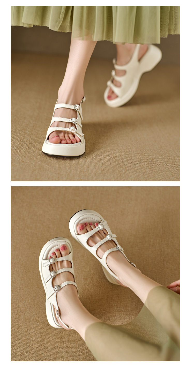 Sandal nữ quai ngang hở mũi mũi tròn đế dày tăng chiều cao da cừu mùa hè 2024 — Màu đen, Màu trắng be, Màu bạc chi tiết 8