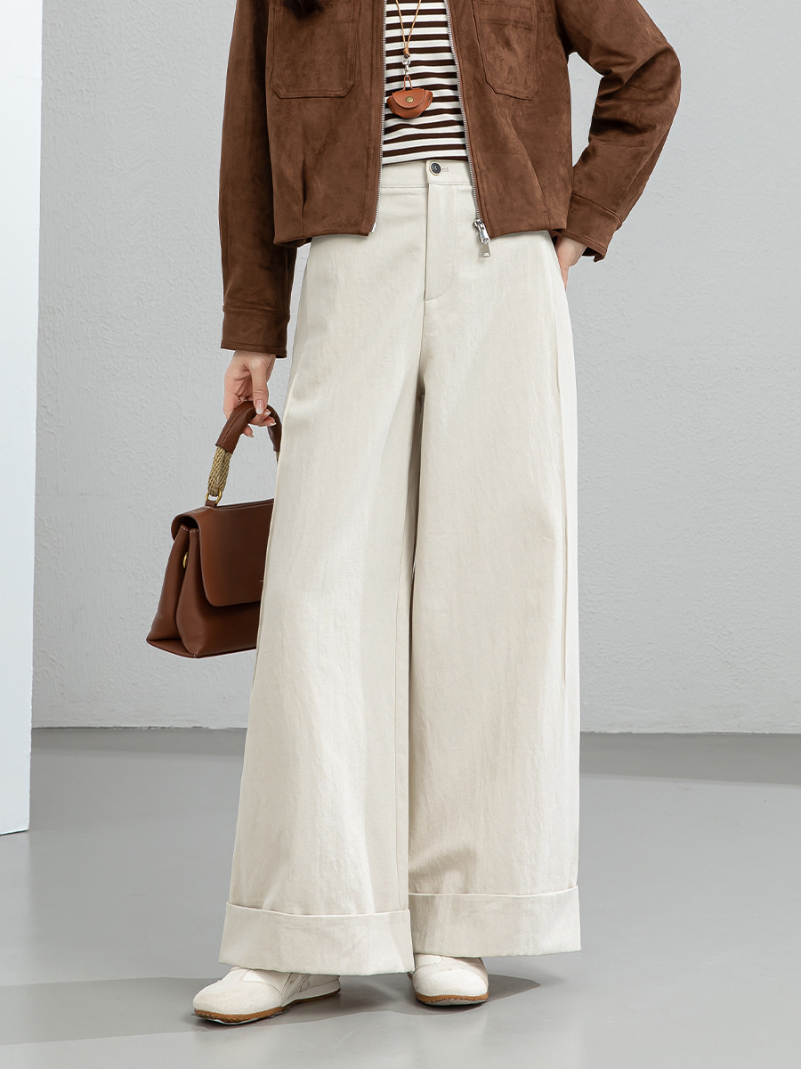 Quần culottes nữ ống rộng cạp cao chất liệu Tencel cotton, dáng suông rủ nhẹ — Xám gạo