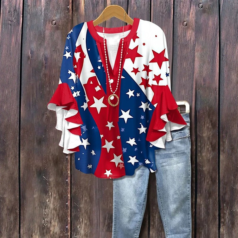 European and American Amazon Cross-Border Women's American Independence Day Loose Casual Digital Print Bell Sleeve Loose Shirt