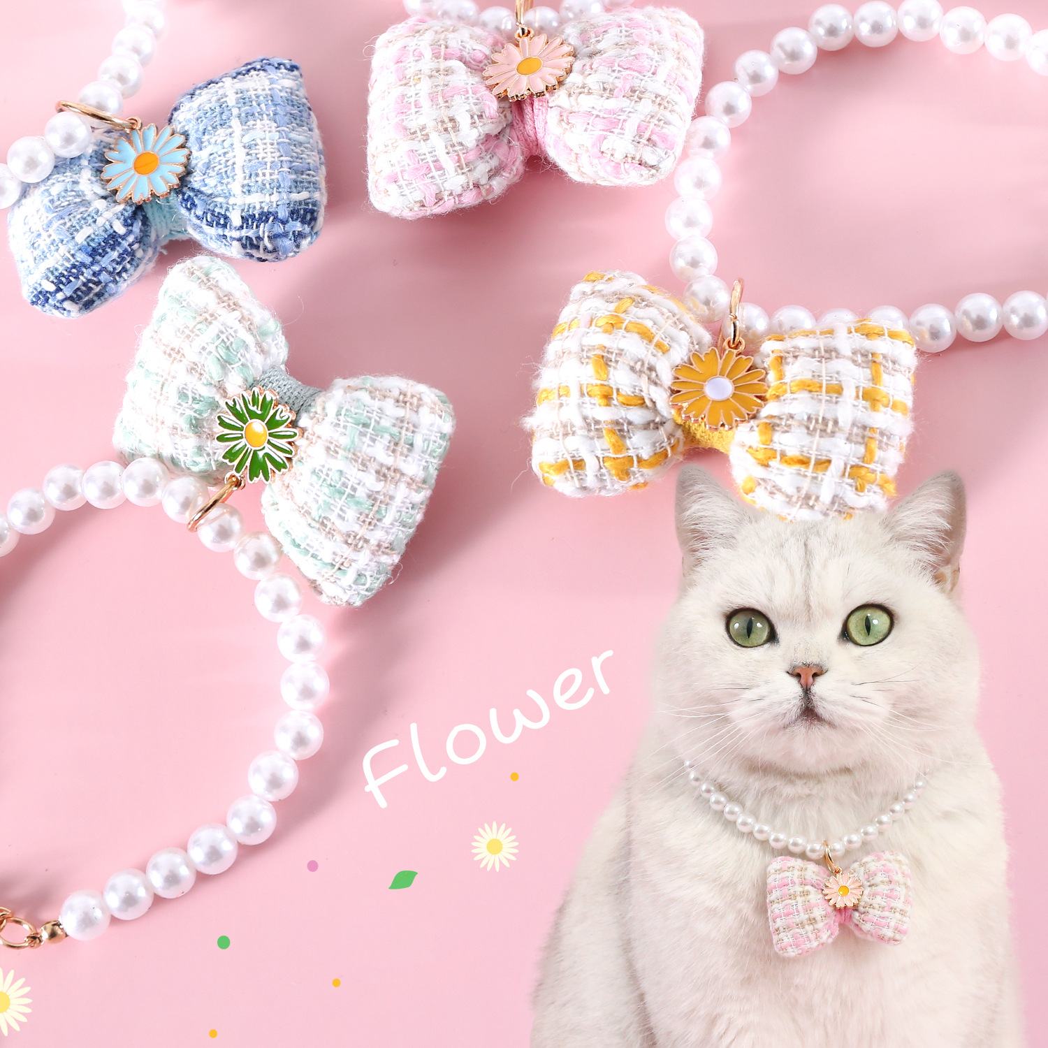 Pet Pearl Plaid Arco Colgante Collar Ajustable Perro Gato Daisy Princess Accesorios Collar de Cumpleaños